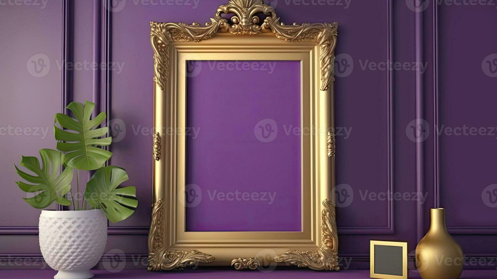 3d rendere di d'oro Vintage ▾ montatura con Immagine segnaposto su viola interno parete pannellatura e Monstera pianta pentola. foto