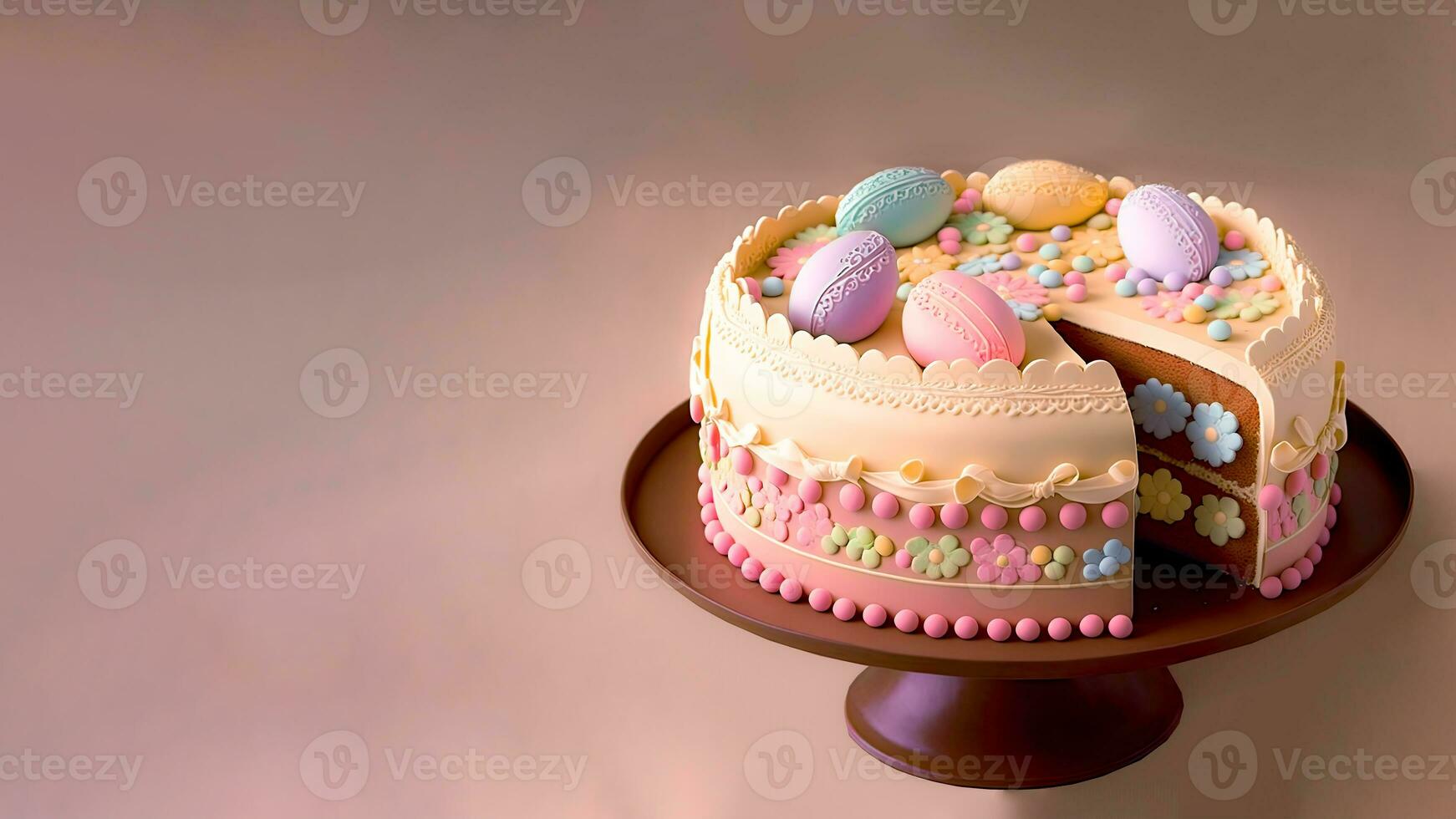 3d rendere di morbido colore fiori e Pasqua uova decorativo torta su pastello rosa sfondo e copia spazio. Pasqua giorno celebrazione concetto. foto