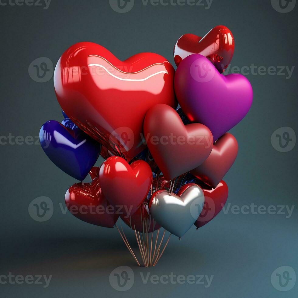 realistico colorato cuore forma palloncini grappolo. 3d rendere. foto