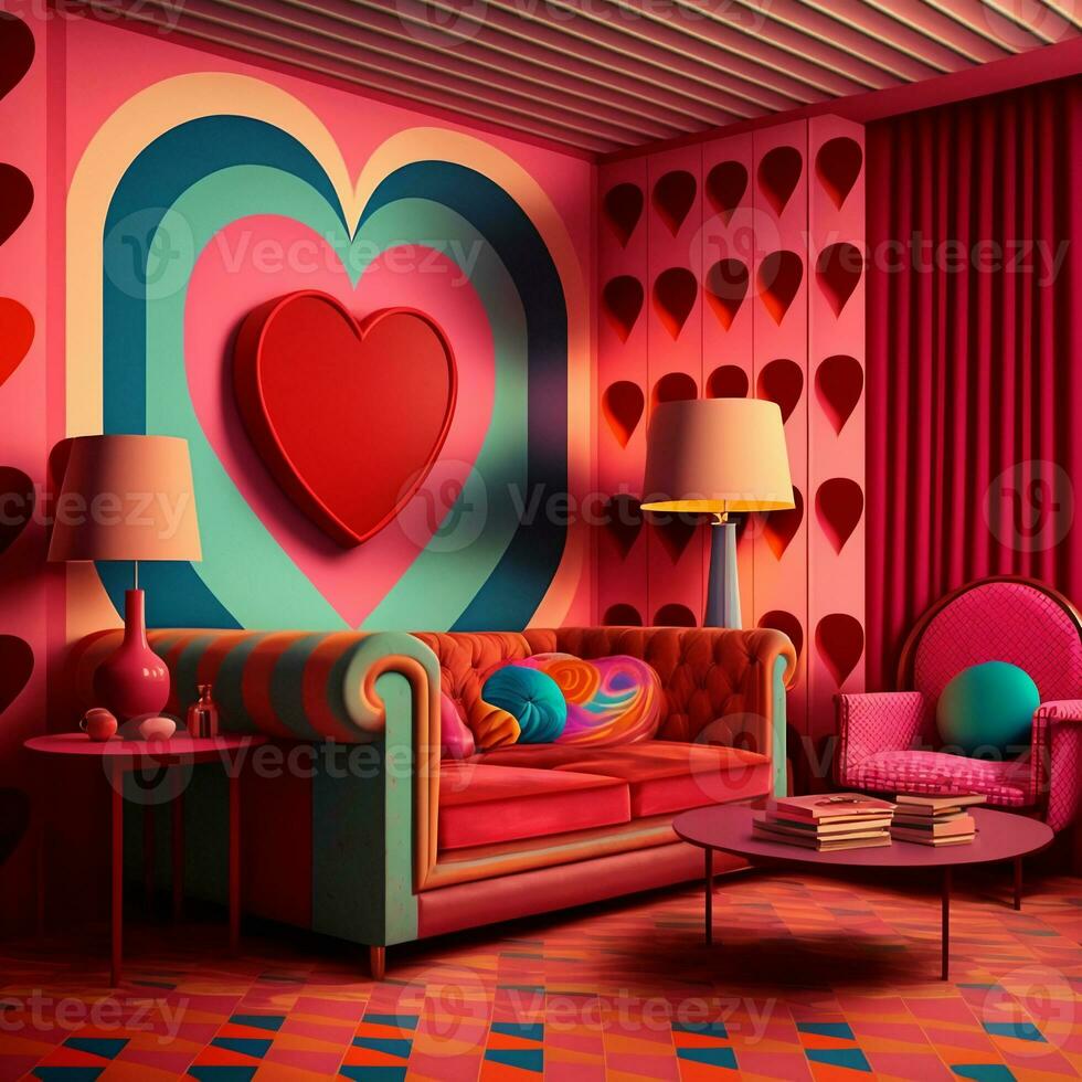 opulento camera interno sfondo con cuore modello, grande divano e il giro tavolo. 3d rendere retrò romantico concetto. foto