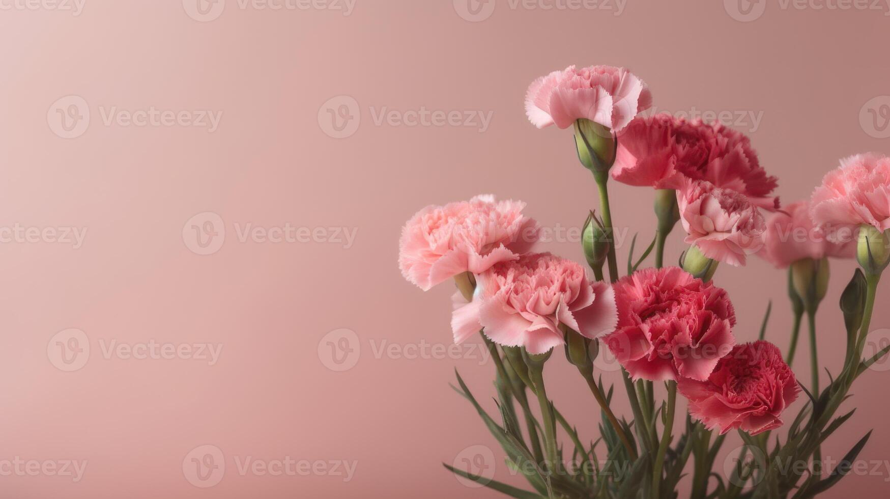 rosa e rosso garofani su un arrossire colore sfondo con copia spazio. ai generato. foto