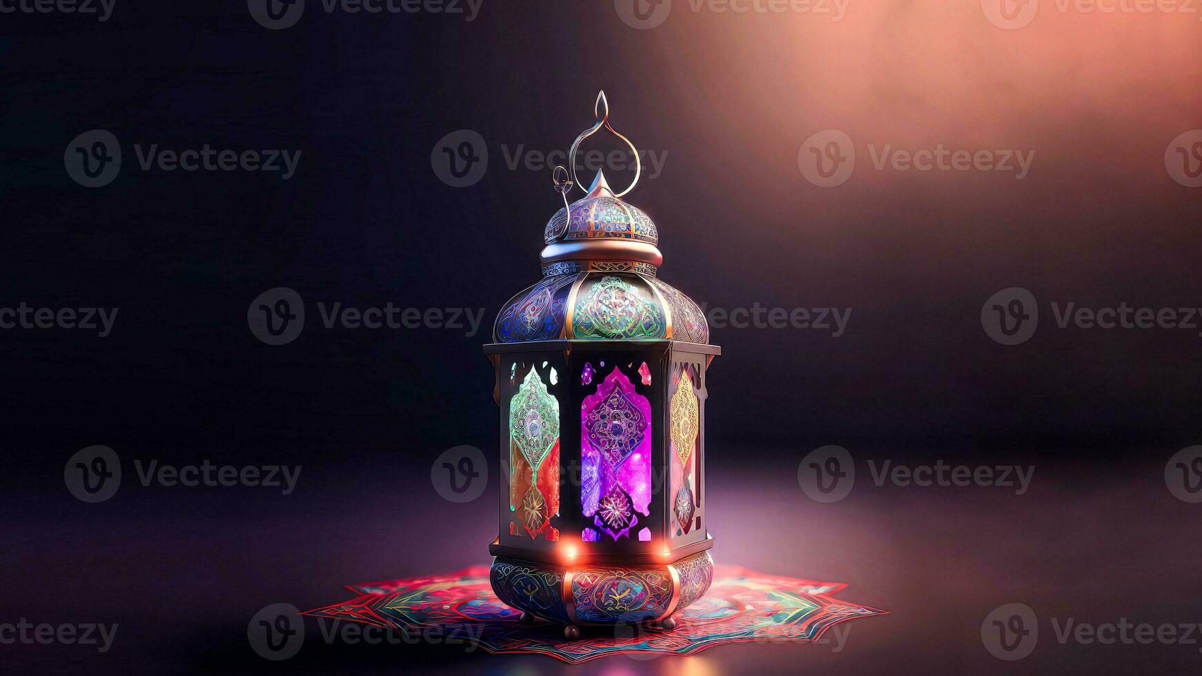 realistico illuminato Arabo lanterna su mandala. islamico religioso concetto. 3d rendere. foto