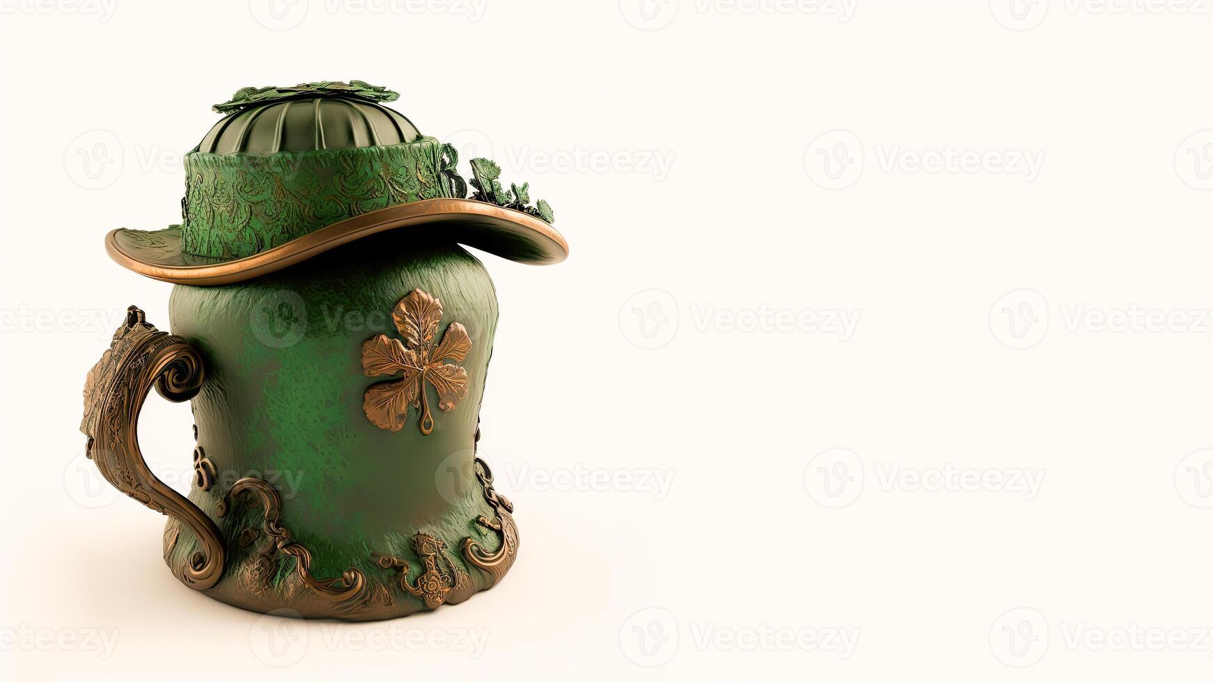 3d rendere di verde e d'oro fedora cappello coperto antico etnico pentola su bianca sfondo. st. Patrick giorno concetto. foto