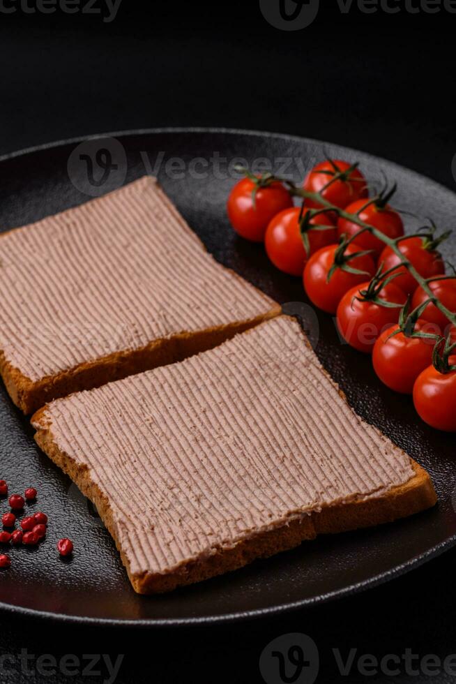 delizioso croccante crostini con pollo o Oca paté con sale e spezie foto