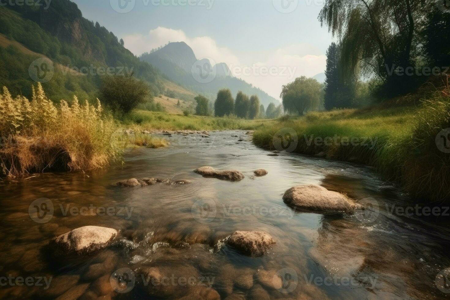 paesaggio montagna fiume foresta. creare ai foto