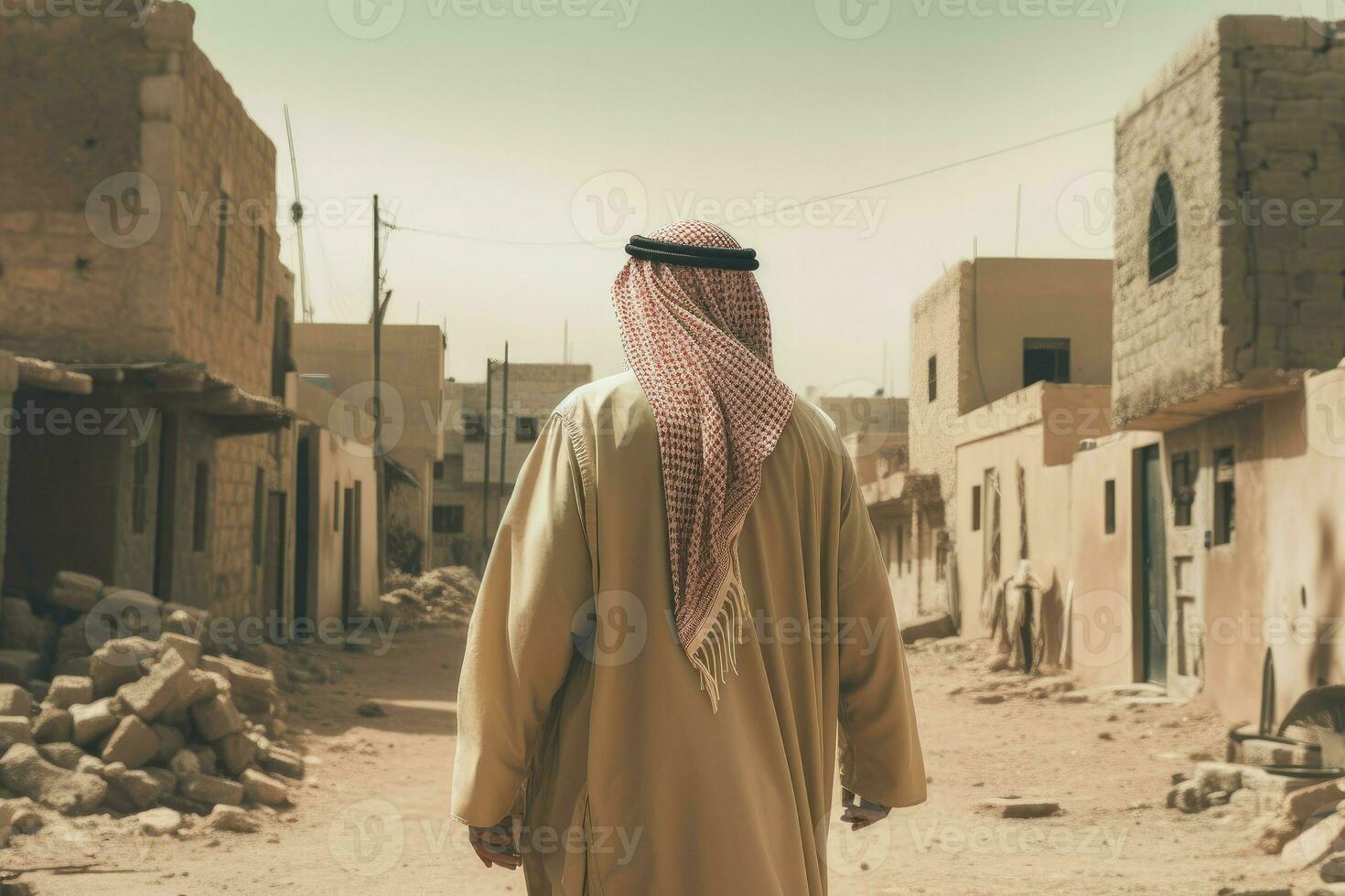 vecchio arabo villaggio uomo a passeggio. creare ai foto