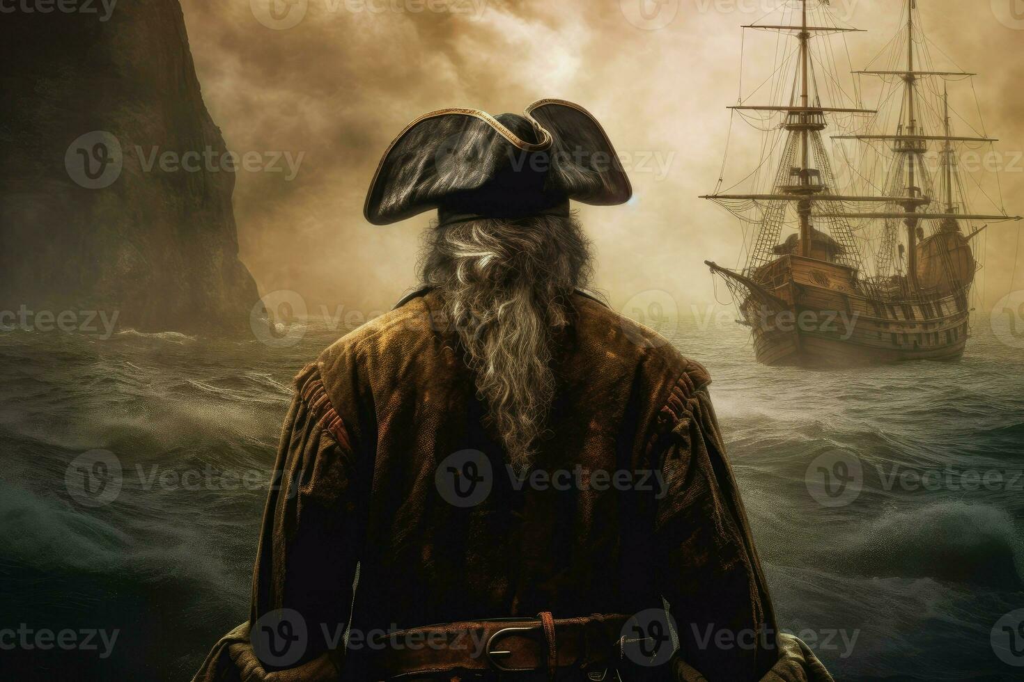 pirata vecchio Capitano a bordo pirata nave. creare ai foto