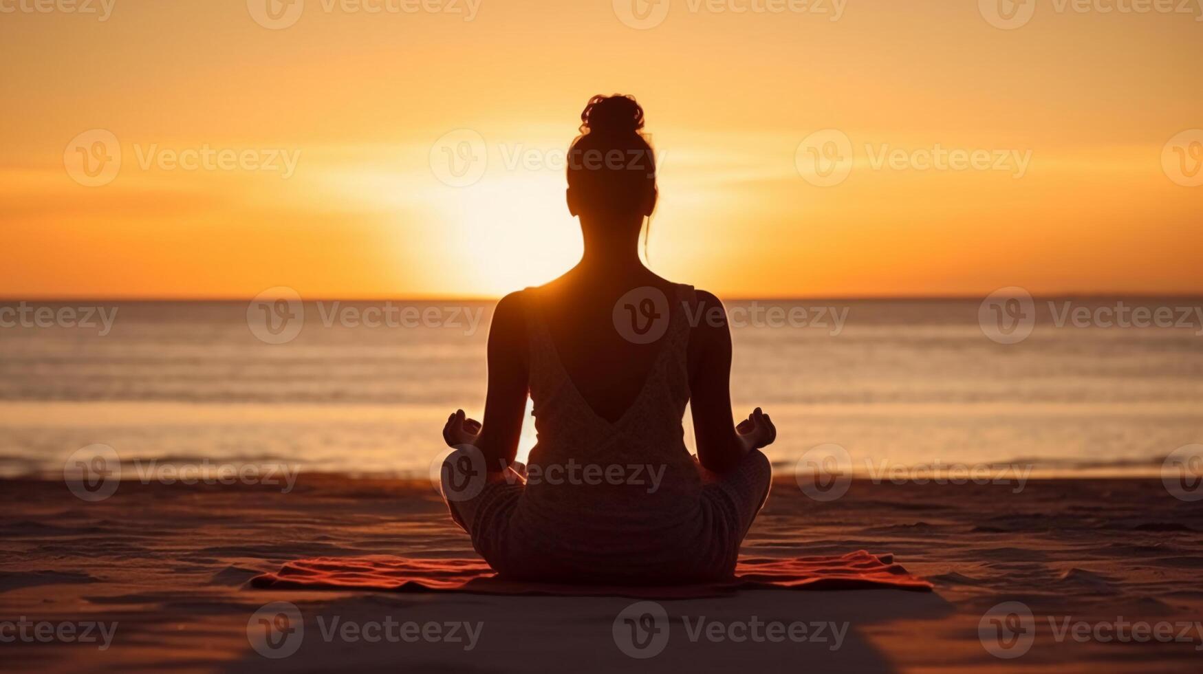 donna Meditare su il spiaggia a tramonto. ai generativo foto