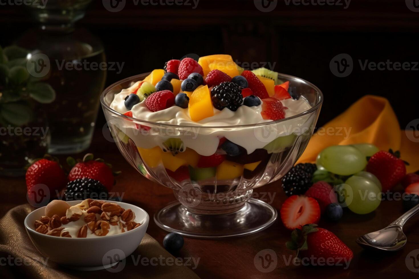 colorato frutta insalata nel un' bicchiere ciotola con diverso affettato frutta un frustato crema Yogurt nel un' simpatico impostare ambiente. ai generativo foto