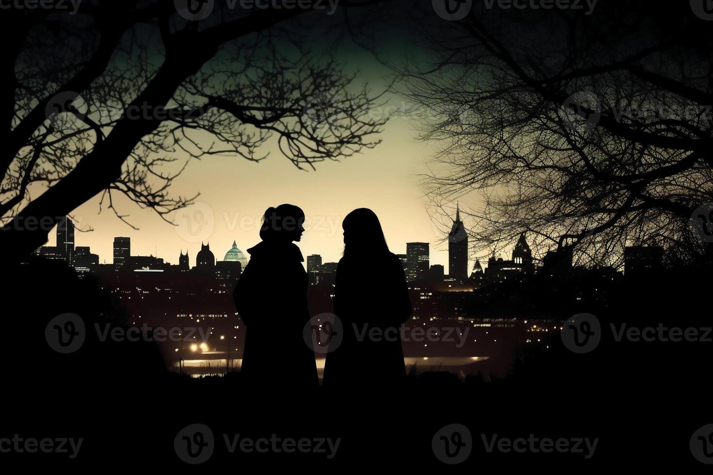 sagome di Due guardare le stelle donna detto addio, circondato di alberi e il contorno di Londra città nel il sfondo. ai generativo foto