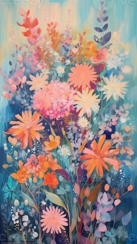 un' pittura di lussureggiante impianti, fiori, e fiori nel rosa. ai generativo foto