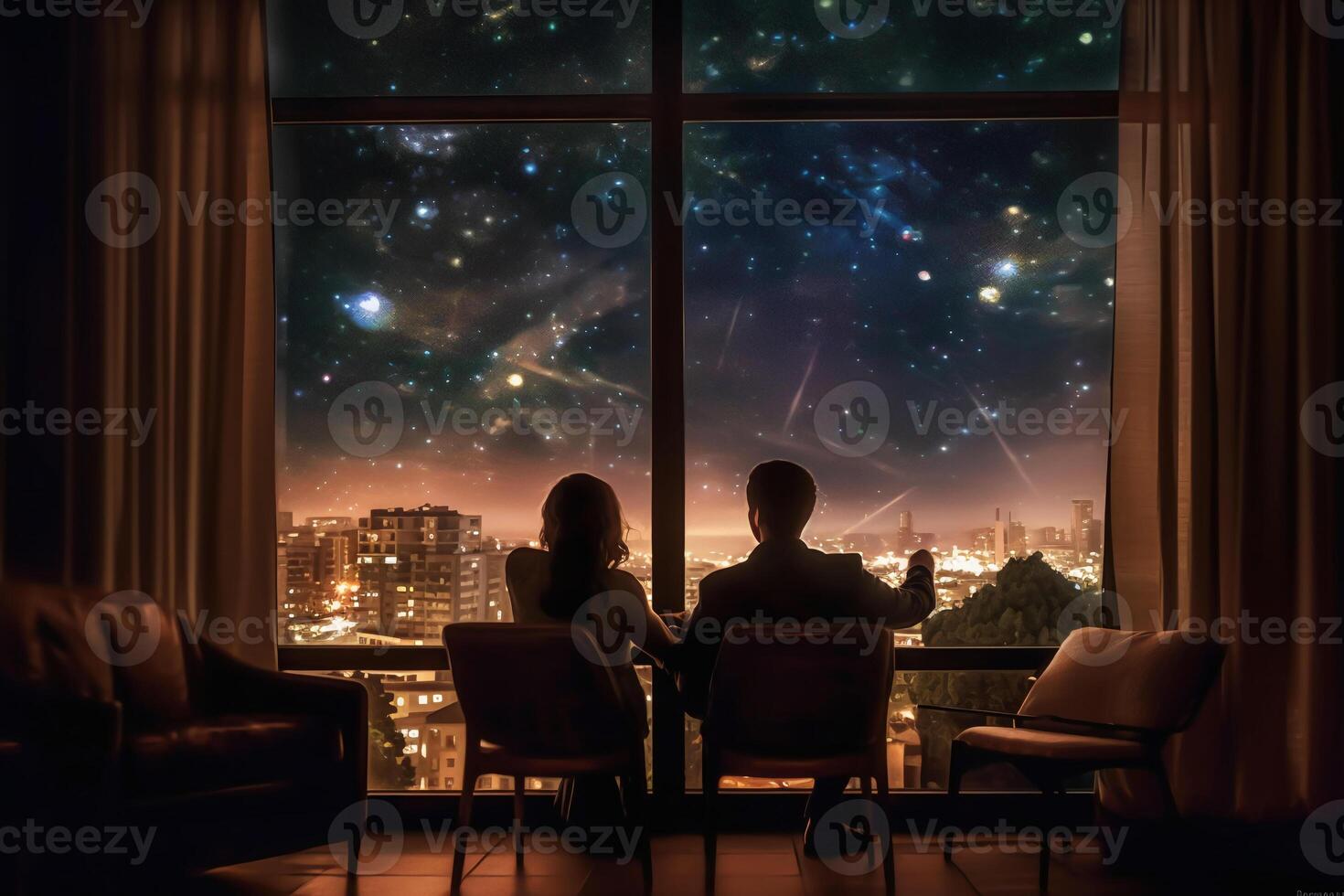 il indietro di un' coppia seduta di il Hotel finestra, il Visualizza attraverso il finestra è un' stellato notte. ai generativo foto