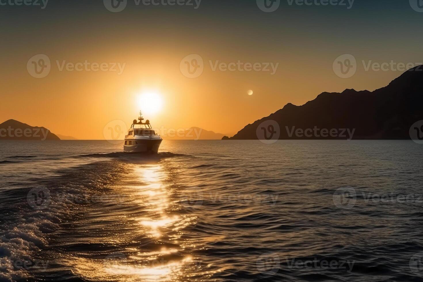 lusso yacht andare in barca nel il mezzo di il mare accanto un isola e montagne nel il orizzonte a tramonto come largo striscione. ai generativo foto