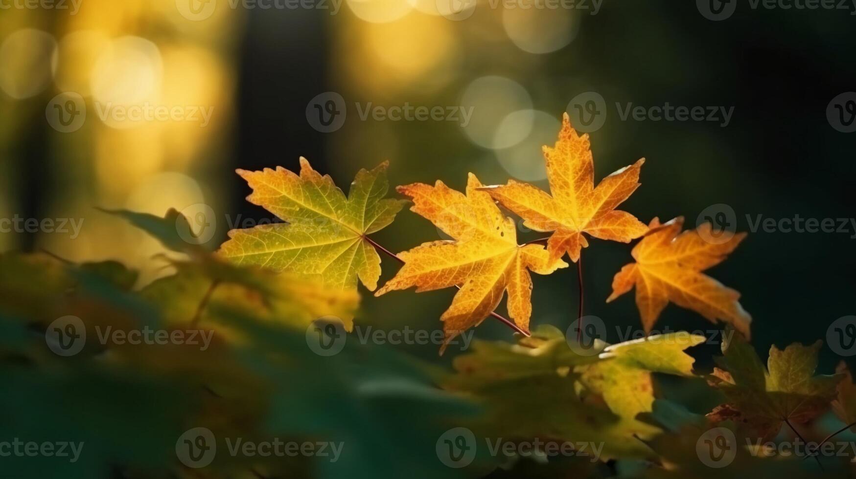 naturale autunno sfondo con d'oro giallo e arancia acero le foglie raggiante nel il sole su un' dolce sfocato leggero verde sfondo. ai generativo foto