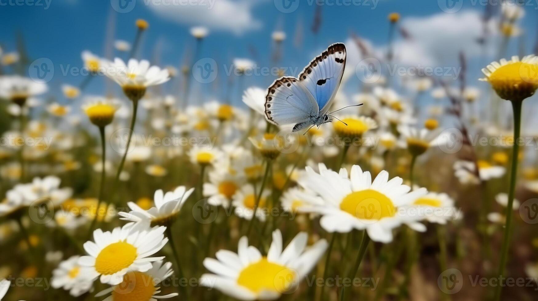 bellissimo bianca giallo margherite e blu fiordalisi con svolazzanti farfalla nel estate nel natura contro sfondo di blu cielo con nuvole. ai generativo foto