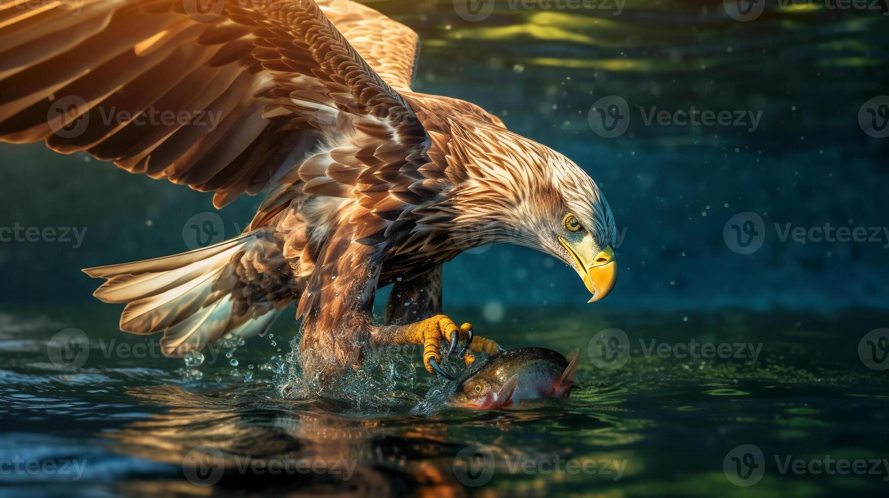 vicino su di aquila afferrando il pesce sopra blu acqua. ai generativo foto