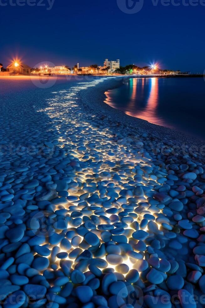 a notte, il bianca spiaggia è pieno di colorato raggiante creature e trasparente raggiante ciottoli. ai generativo foto