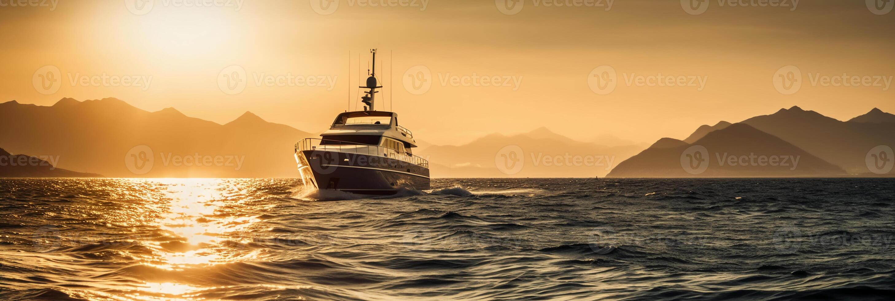 lusso yacht andare in barca nel il mezzo di il mare accanto un isola e montagne nel il orizzonte a tramonto come largo striscione. ai generativo foto