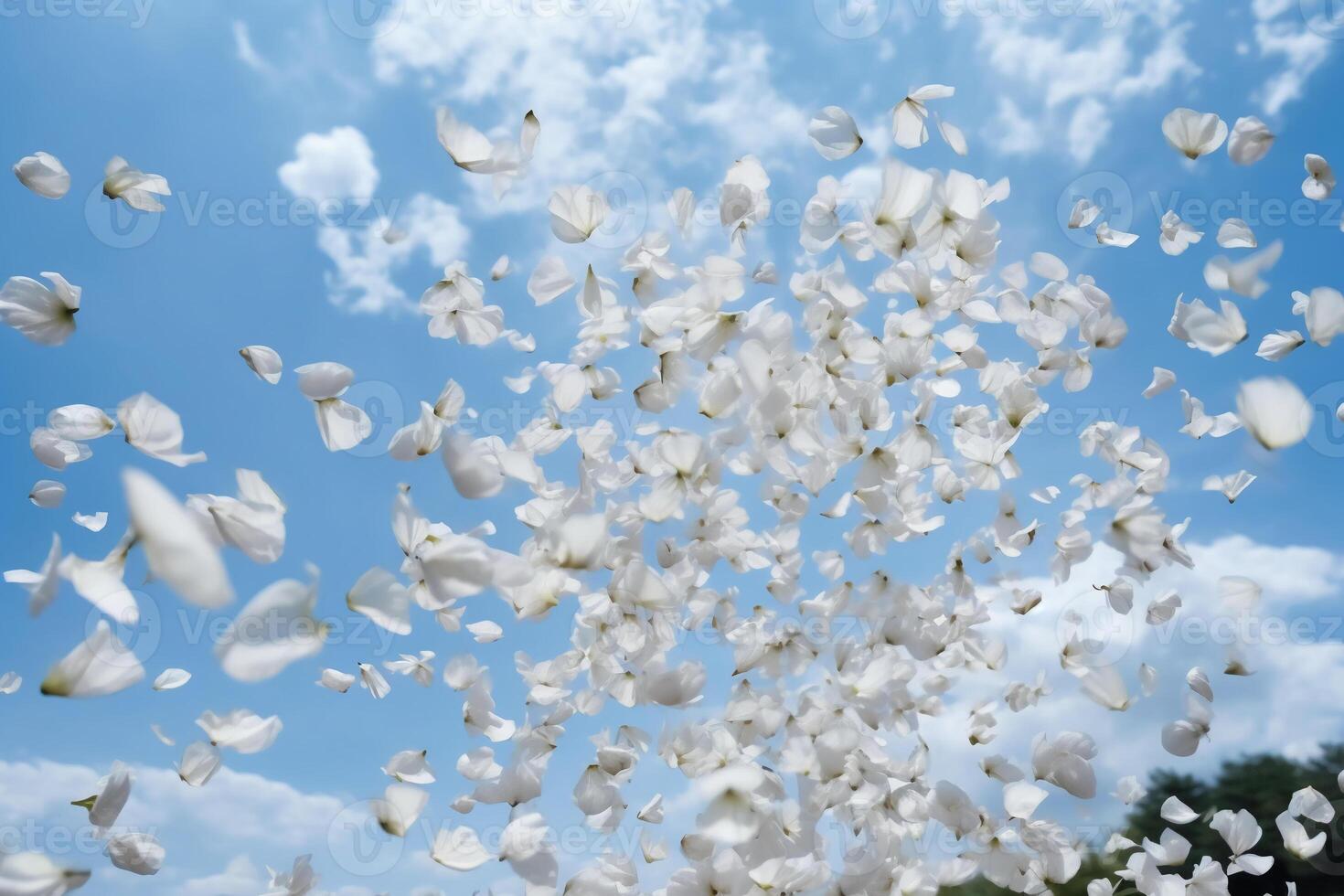 il bianca petali autunno via con sfocato chiaro blu cielo e nube. ai generativo foto