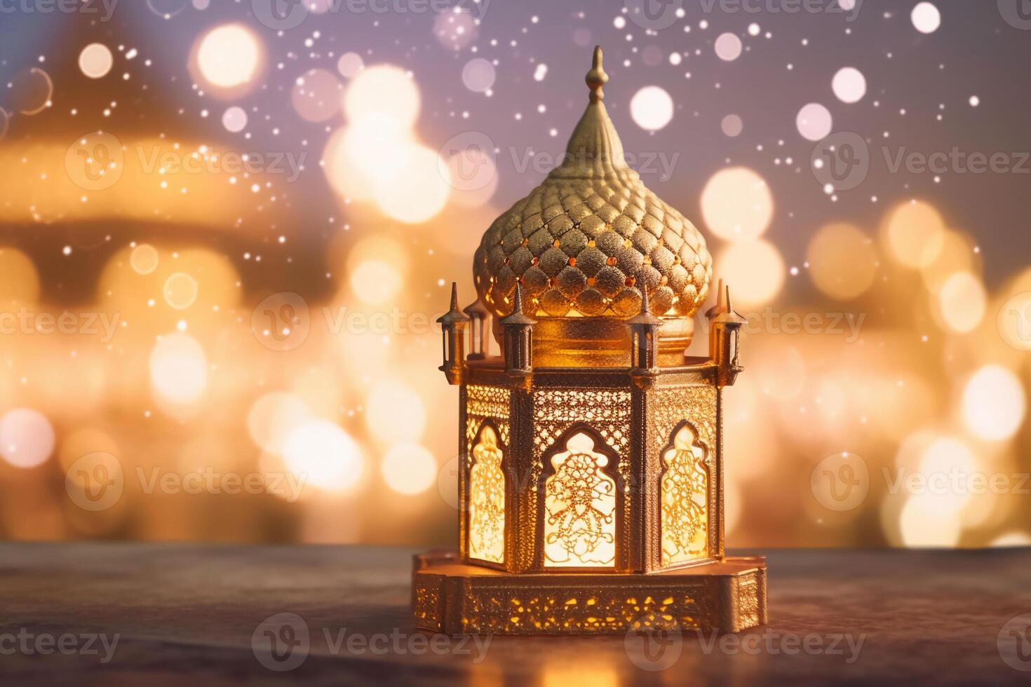 originale tradizionale ornato orientale lanterna con bellissimo bokeh di vacanza luci e moschea nel sfondo. ai generativo foto