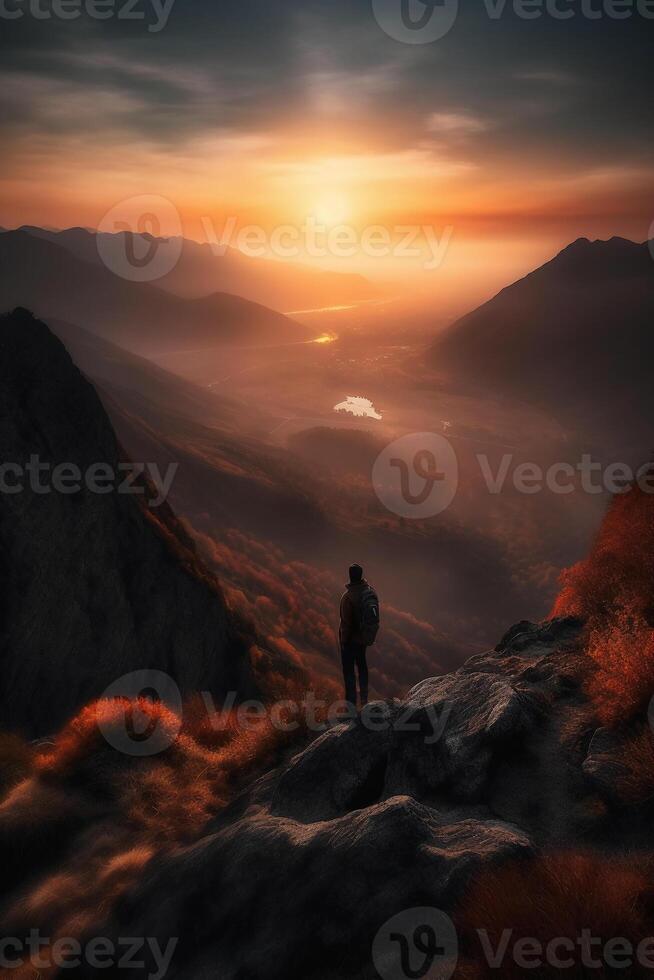 un' uomo è in piedi su un' montagna. ai generativo foto