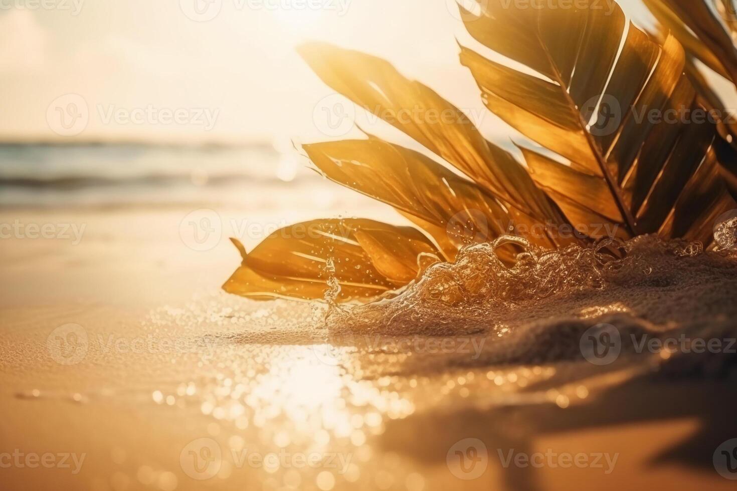 bellissimo sfondo per estate vacanza e viaggio. d'oro sabbia di tropicale spiaggia, sfocato palma le foglie e bokeh punti salienti su acqua su soleggiato giorno. ai generativo foto