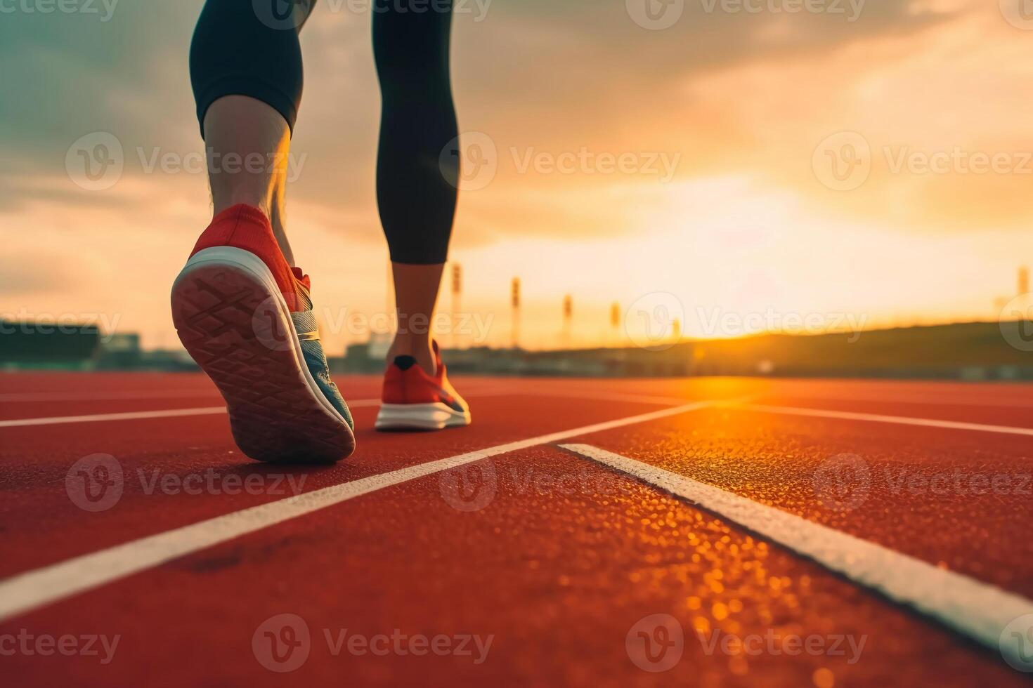 corridori piedi nel un' atletico in esecuzione traccia. giovane uomo atleta formazione a tramonto. ai generativo foto