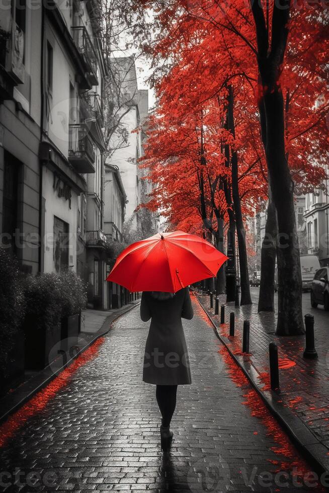 rosso ombrello nel mano di donna a piedi su un' incolore strada. ai generativo foto