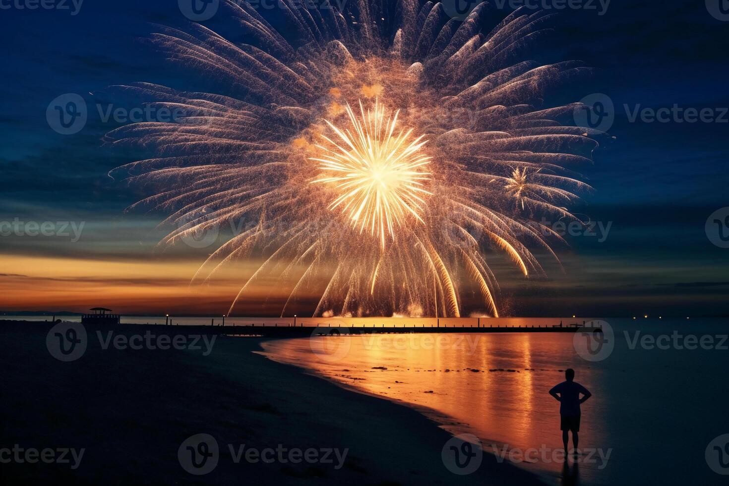 fuoco d'artificio notte mare stella. ai generativo foto