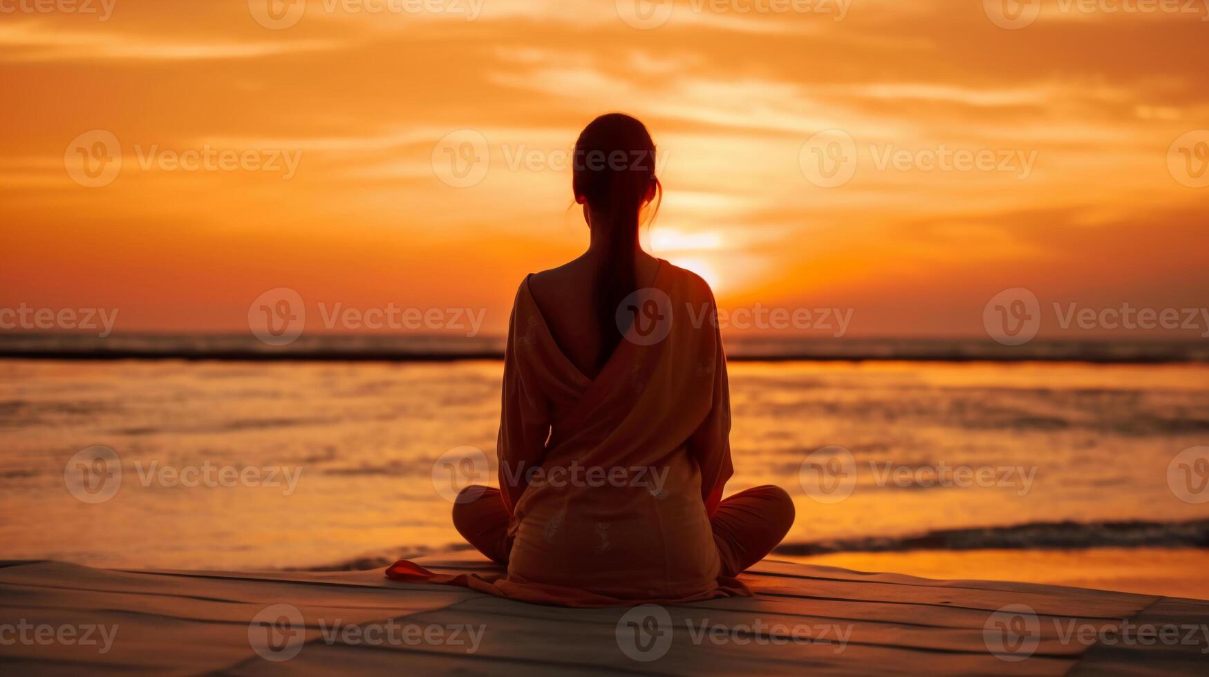 donna Meditare su il spiaggia a tramonto. ai generativo foto