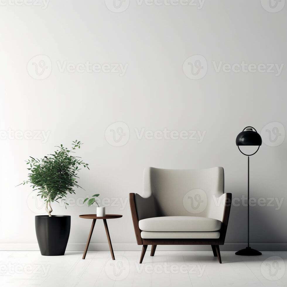moderno minimalista interno con un poltrona su vuoto bianca colore parete sfondo. ai generativo foto
