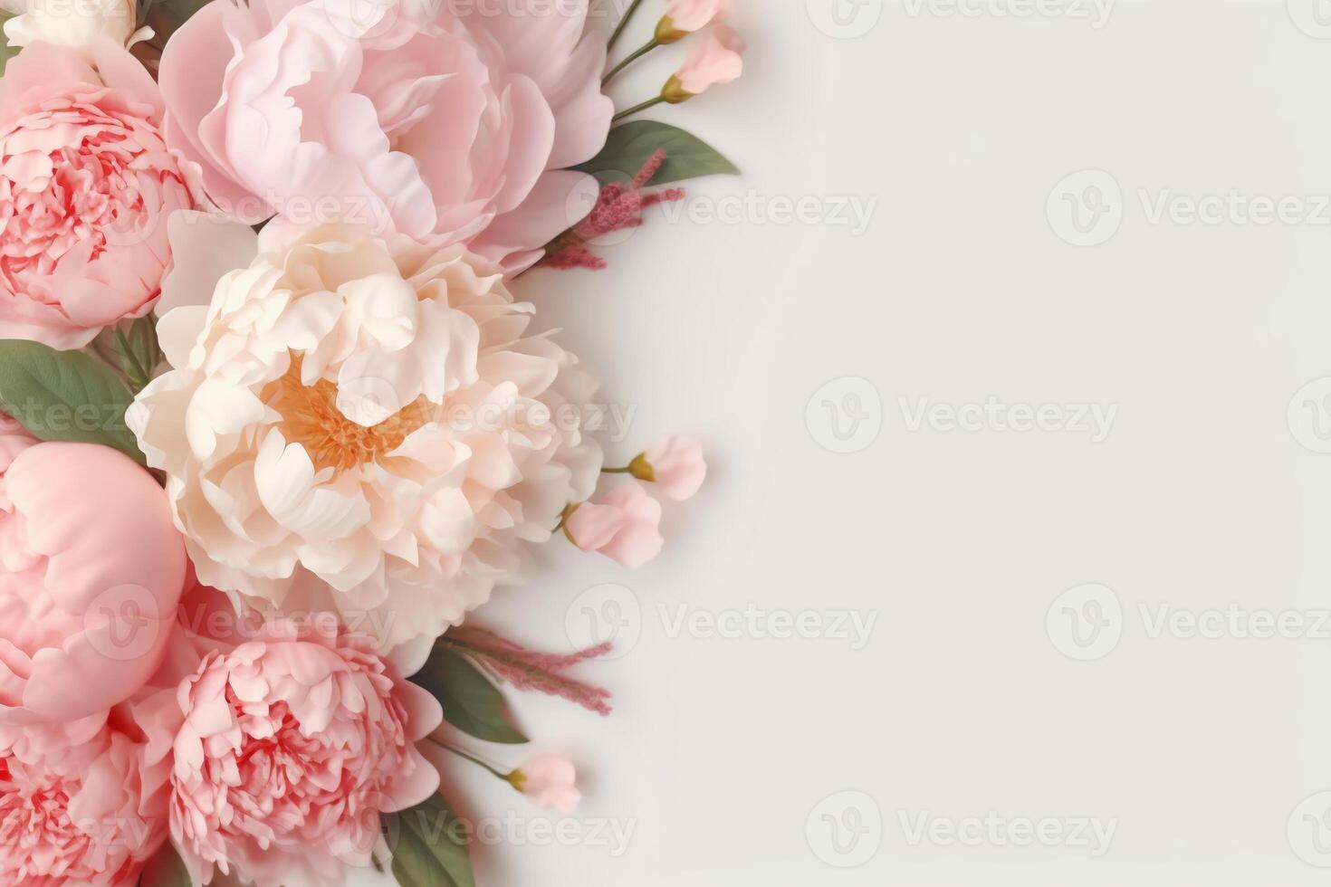 peonie, Rose su bianca sfondo con copia spazio. astratto naturale floreale telaio disposizione con testo spazio. romantico femminile composizione. nozze invito. ai generativo foto