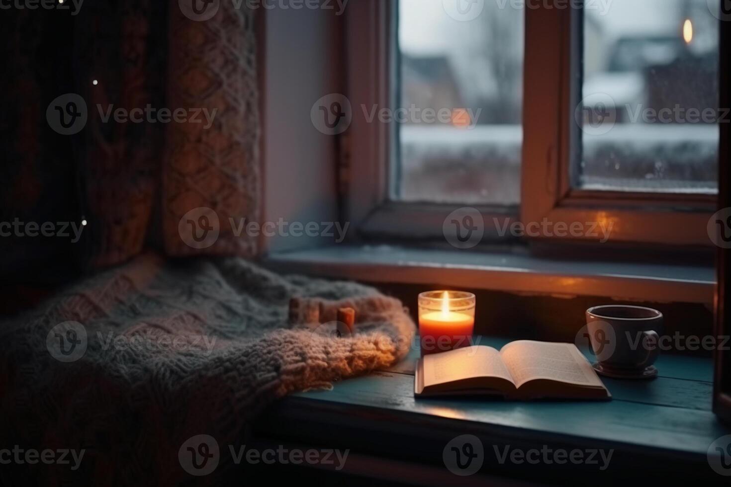 Natale sfondo. un' tazza di Tè, libri, un' candela e un' a maglia sciarpa su il finestra sfondo. ai generativo foto