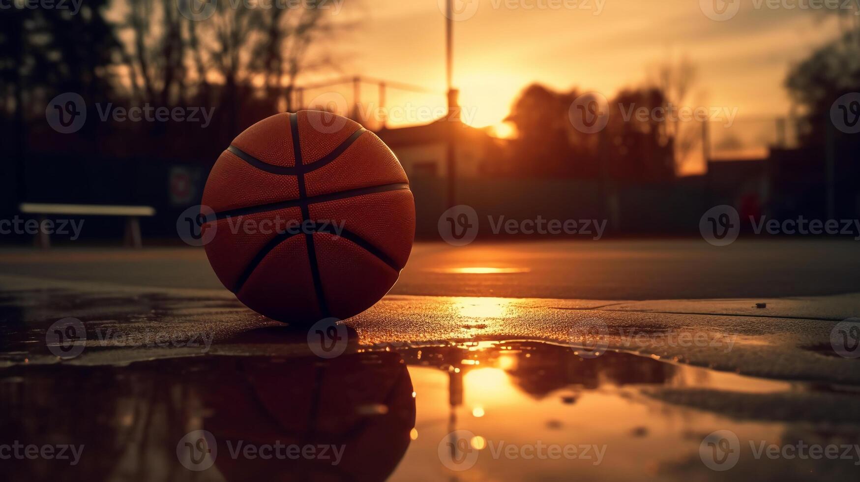 un' fotografia di un' pallacanestro su un' Tribunale a tramonto,. ai generativo foto