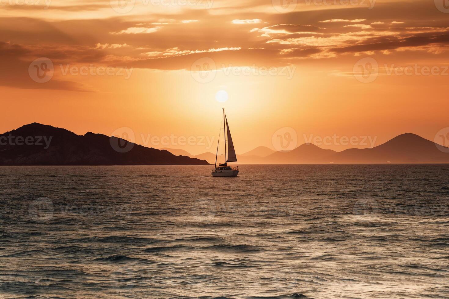 lusso yacht andare in barca nel il mezzo di il mare accanto un isola e montagne nel il orizzonte a tramonto come largo striscione. ai generativo foto