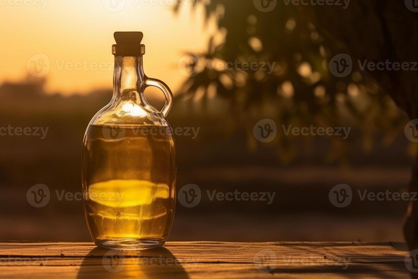 d'oro oliva olio bottiglia su di legno tavolo oliva campo nel mattina luce del sole. ai generativo foto