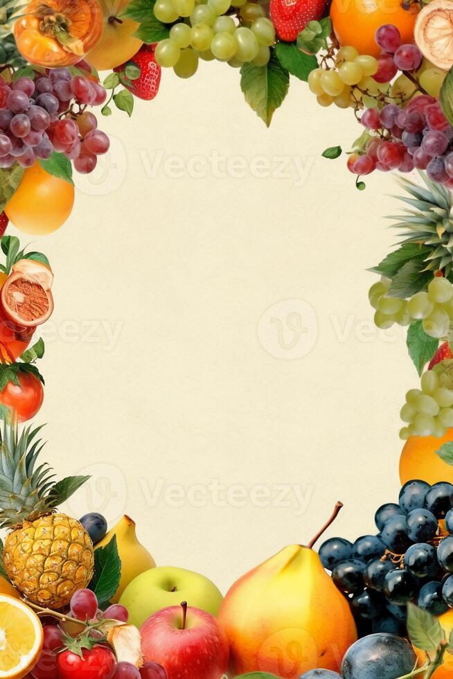 vuoto vuoto bianca pagina con fresco frutta confine, leggermente bordi. ai generativo foto