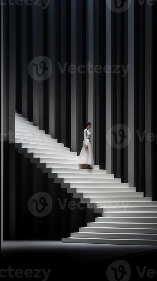 un' donna è a piedi giù un' bianca scala. ai generativo foto