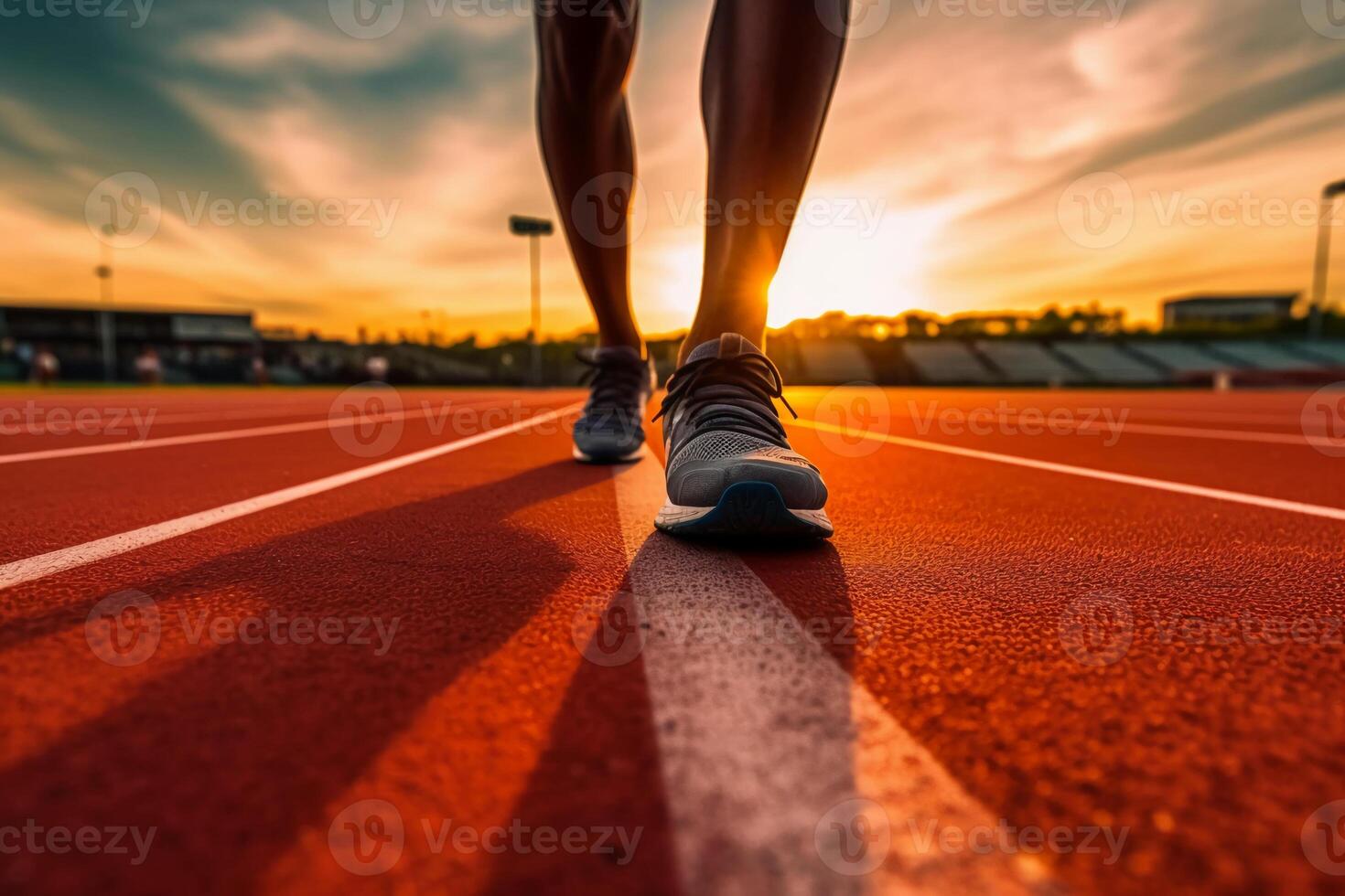 corridori piedi nel un' atletico in esecuzione traccia. giovane uomo atleta formazione a tramonto. ai generativo foto