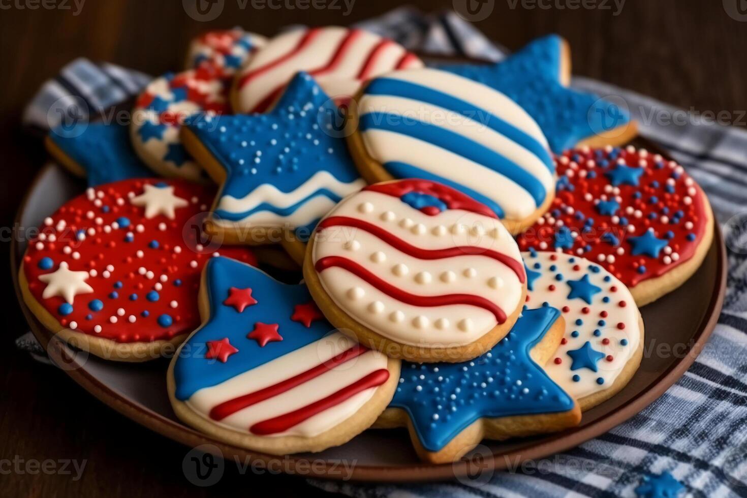 biscotti decorato nel rosso bianca e blu per 4 ° luglio celebrazione. ai generativo foto