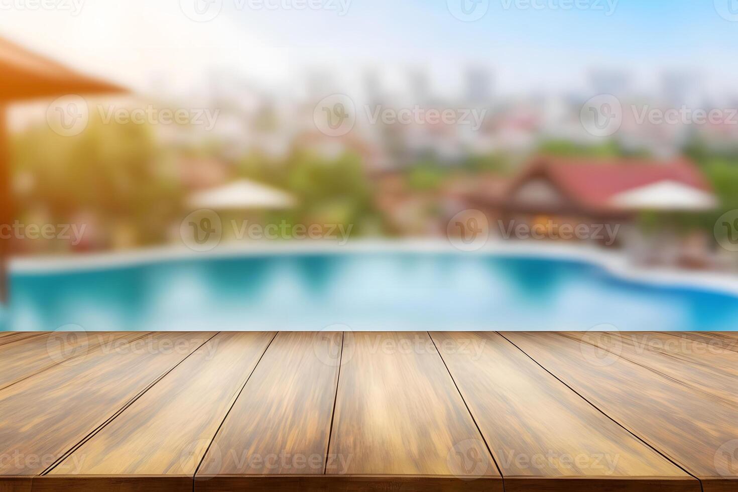 vuoto di legno tavolo nel davanti con sfocato sfondo di nuoto piscina. neurale Rete ai generato foto