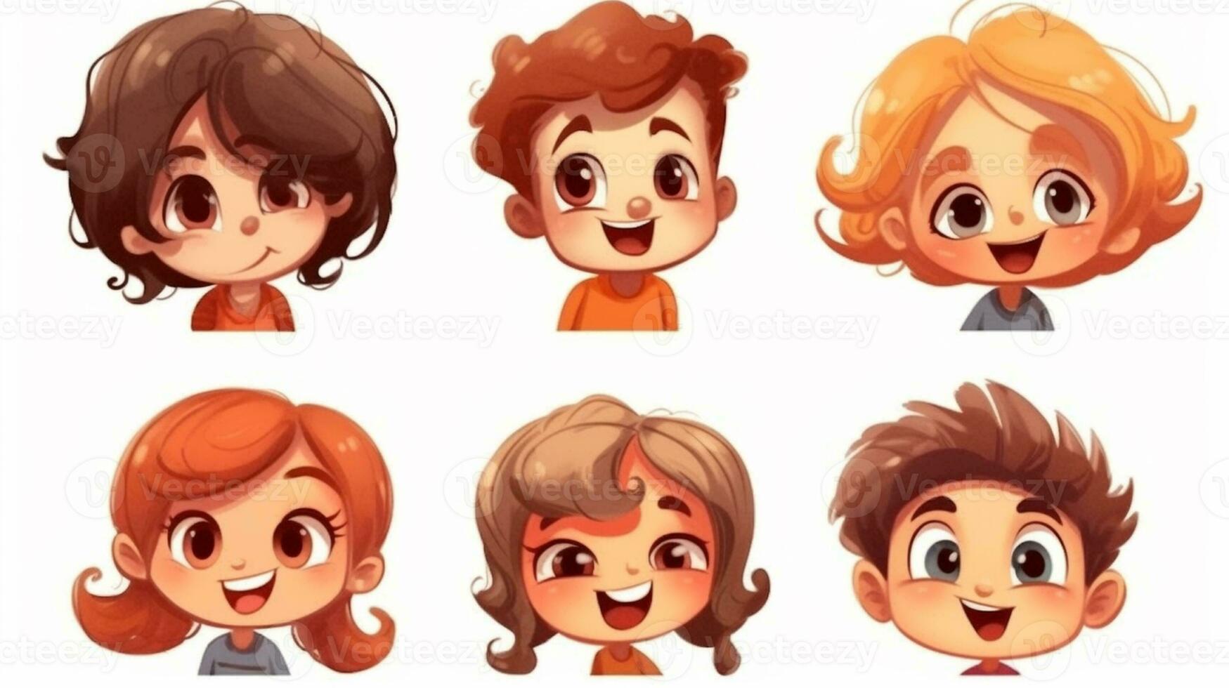 il impostato di allegro cartone animato personaggi con luminosa sorrisi e espressive facce portato immenso gioia e divertimento per il bambini nel il vivace illustrazione. foto