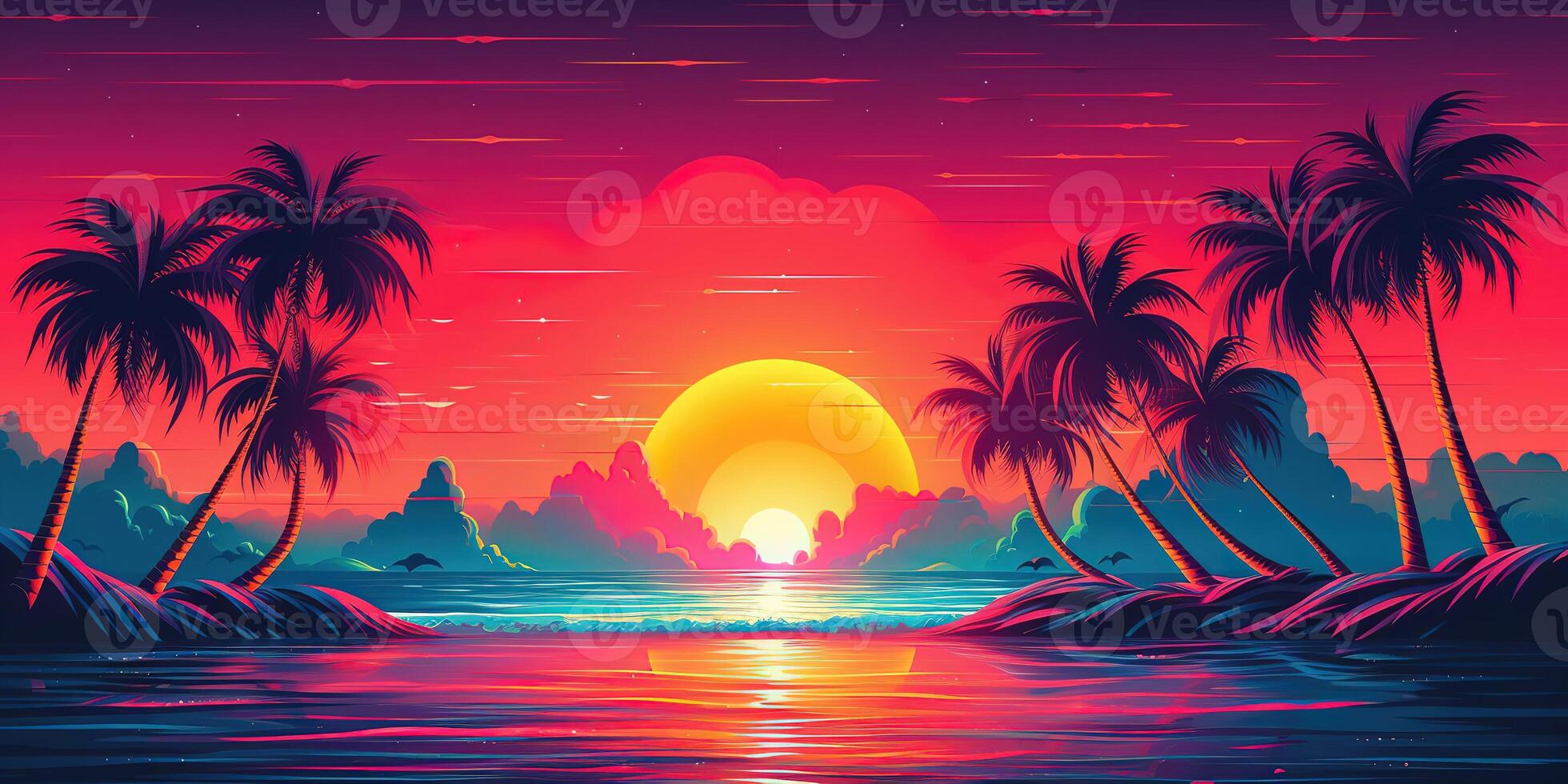 estetico spiaggia synthwave retrowave sfondo con un' freddo e vivace neon disegno, ai generato foto