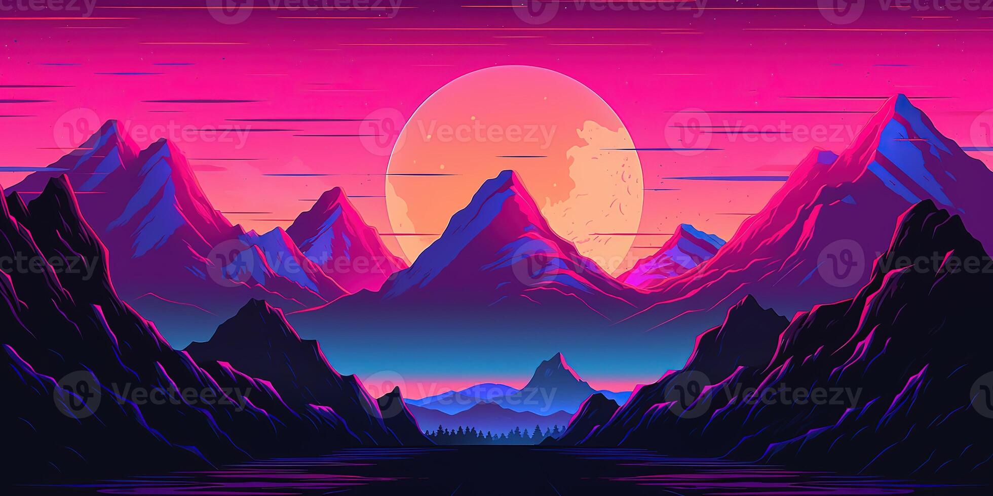 estetico montagna synthwave retrowave sfondo con un' freddo e vivace neon disegno, ai generato foto