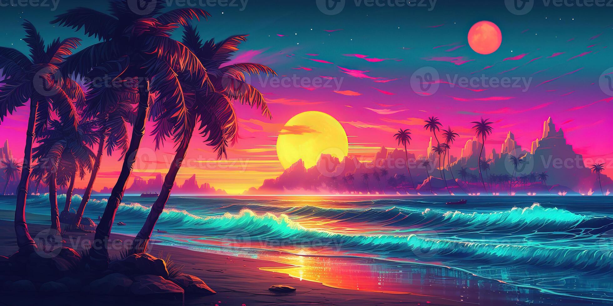 estetico spiaggia synthwave retrowave sfondo con un' freddo e vivace neon disegno, ai generato foto