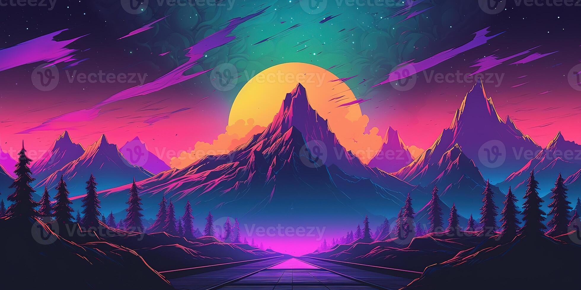 estetico montagna synthwave retrowave sfondo con un' freddo e vivace neon disegno, ai generato foto