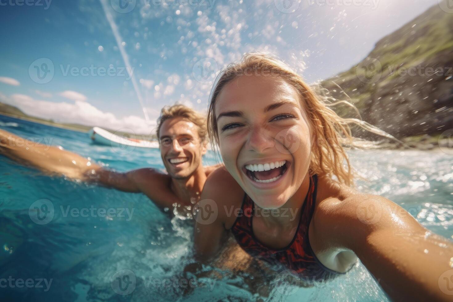 giovane donna nel sua 30 anni vecchio e sua fidanzato nuoto su supboard. ai generato foto