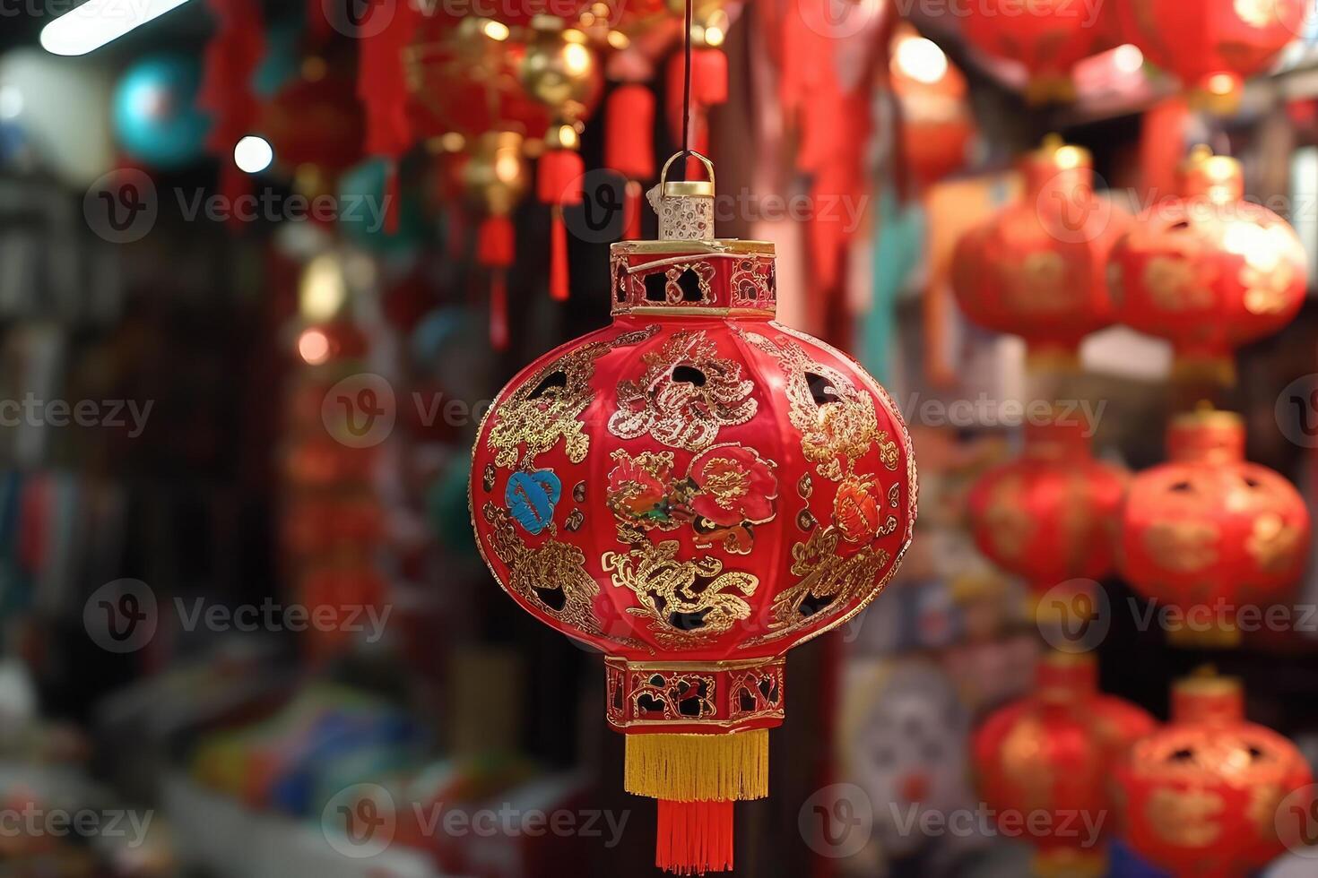 rosso Cinese tradizionale lanterne su rosso sfondo, ai generato foto