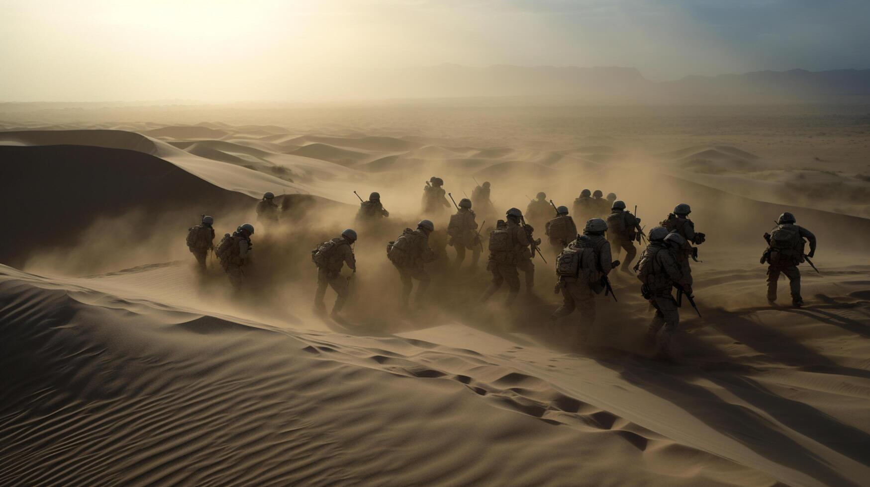 soldati a deserto partire per guerra, battaglia soldati, generativo ai foto