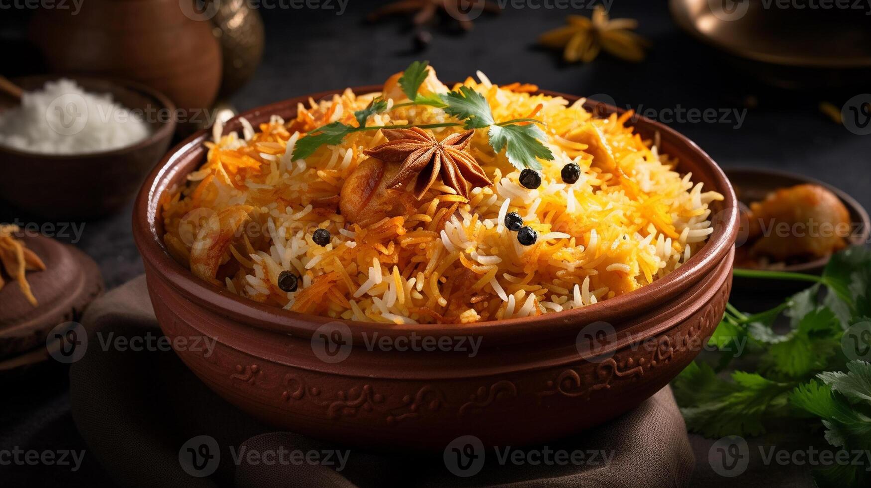 biryani riso nel ciotola, desi cibo indiano biryani nel ciotola, generativo ai foto